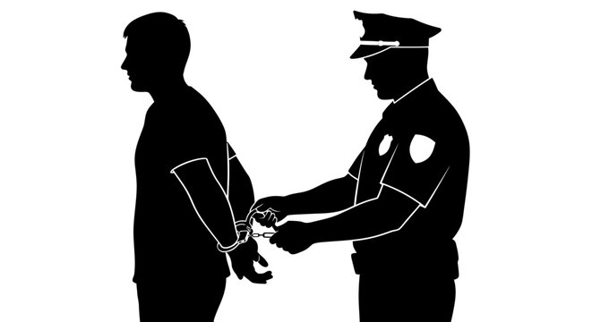 Silhouette of a police officer arresting a criminal with handcuffs.