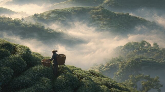 local farmer harvesting tea leaves on misty mountain terraces at sunrise, layered green landscapes fading into clouds, photorealistic documentary photography, ultra high detai