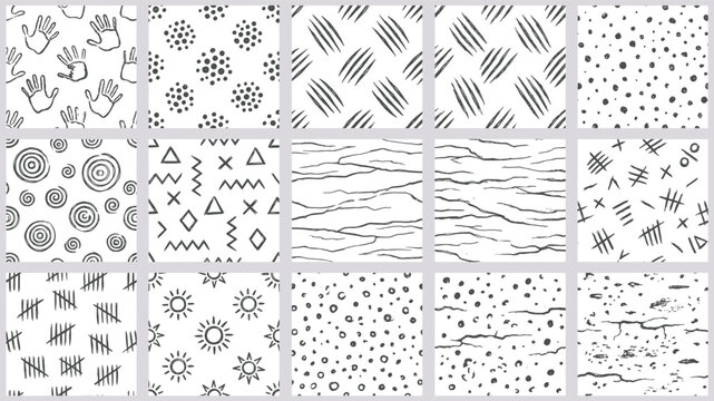 Hand drawn doodle pattern vector set with handprint dot slash spiral tribal sun tally mark and grunge seamless backgrounds for design