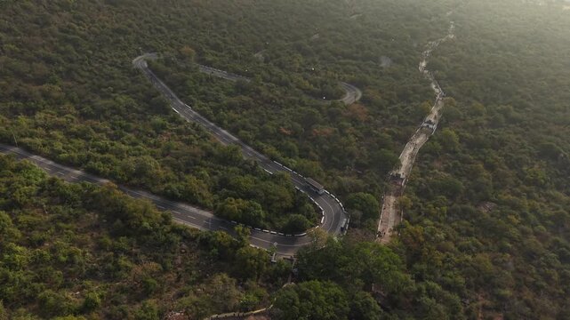 Aerial view of winding hill roads in Coimbatore Tamil Nadu