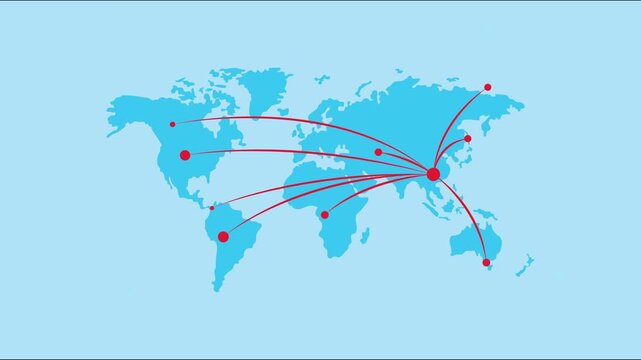 Animated world map with flight paths and global distribution network connecting major cities from central hub.