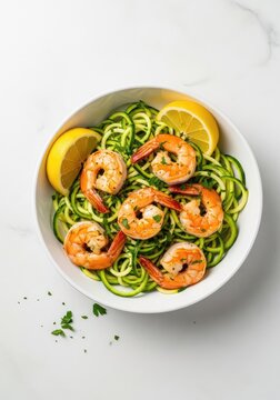 Gourmet garlic butter shrimp scampi served over spiralized zucchini noodles with lemon wedges and fresh parsley in a white ceramic bowl, cooked, tasty, keto