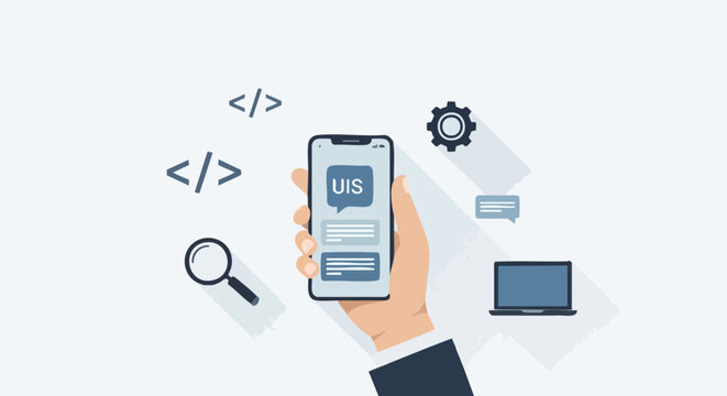Hand holding smartphone with user interface design elements.
