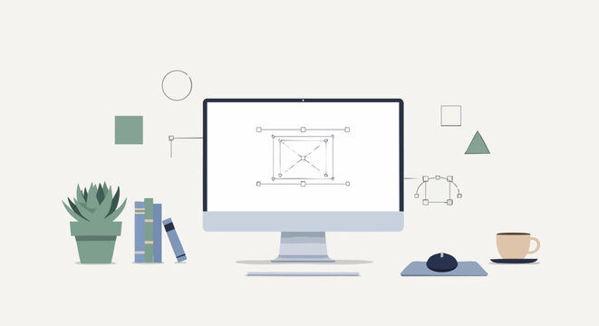 Minimalist creative workspace with computer and design elements.