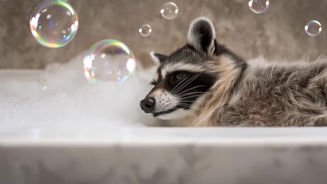 Cute raccoon relaxing in a bubble bath, enjoying a spa day, adorable animal antics and humor