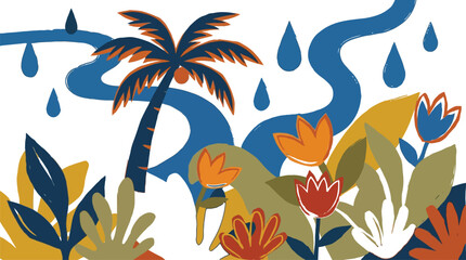 Dynamic vector art scene portraying a vibrant tropical paradise receiving a gentle rain, with a majestic palm, diverse flora, and winding water, rendered in a striking flat design © Pronob Kumar Ray