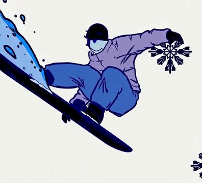 Snowboarder jumping mid-air with snowflakes in winter landscape