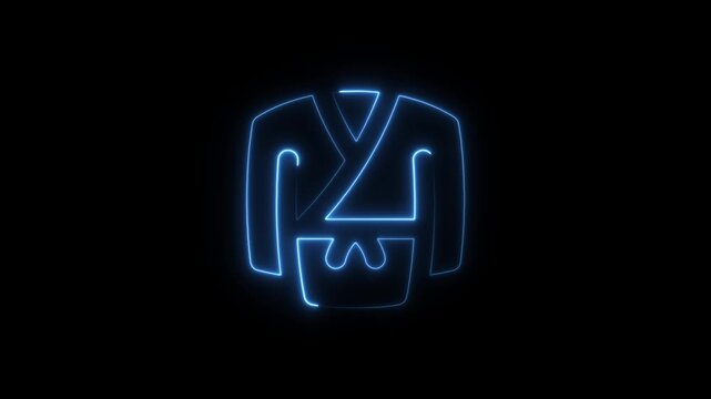 Glowing neon martial arts gi animation on black background, karate judo taekwondo