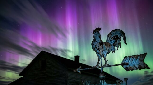 Rustic rooster weather vane on a farm silhouette against a spectacular purple and green Aurora Borealis night sky.