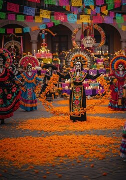 Vibrant floral decorations and elegant skeletal costumes fill a town plaza with orange marigold petals and traditional folk ornaments, elegant, memorial, parade