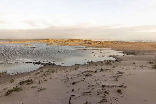 muted sunset light over Grotto lagoon and sand dunes, Hermanus, South Africa