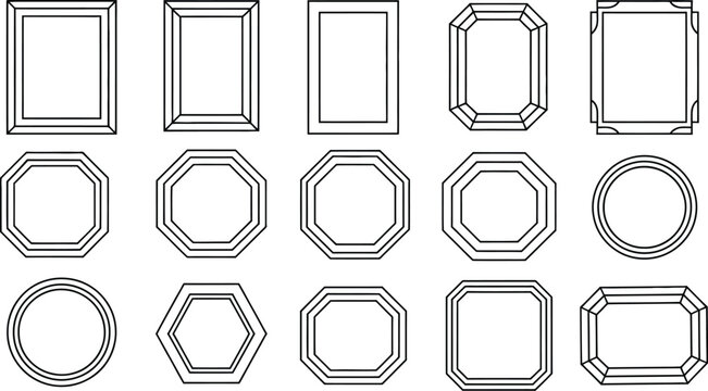 Set of various black and white outline geometric frames including rectangle circle octagon and hexagon shapes for elegant minimalist design projects.