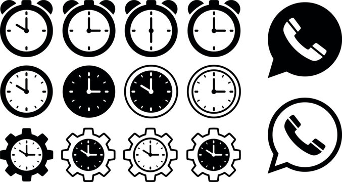 Alarm Clock and Phone Call Vector Icon Set with Solid, Outline, and Gear Styles for Time Management, Scheduling, Communication, Reminder, and Digital Design Projects