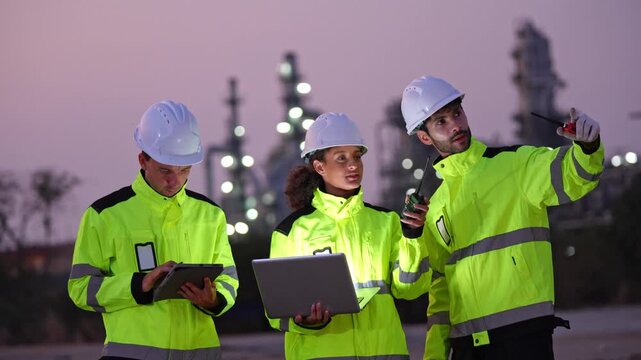 Nighttime safety inspection by engineers at industrial site collaboration in challenging conditions professional environment teamwork