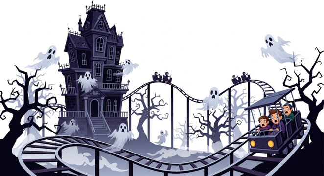 Haunted House Roller Coaster Ride with Ghosts and Spooky Trees.