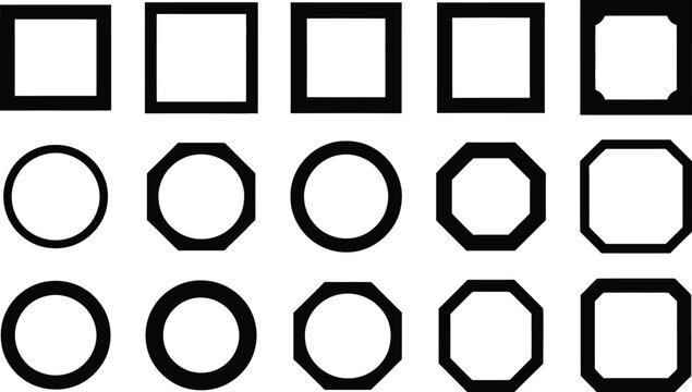 Collection of bold black geometric frames and borders including square circle and octagon shapes for modern graphic design and branding projects.