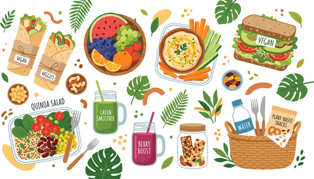 Vegan picnic food vector illustration set with quinoa salad wraps hummus sandwich smoothies and fresh fruit basket elements,