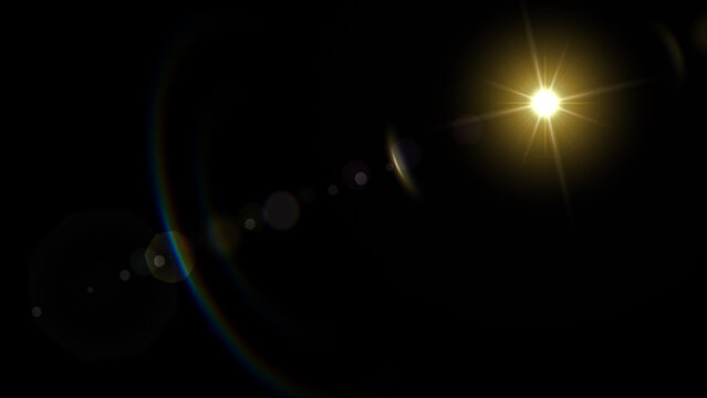 flare light sun len sparkl gold yellow optical lens flare rainbow arc transparent overlay bright glowing spectrum beam ray element isolated on black background