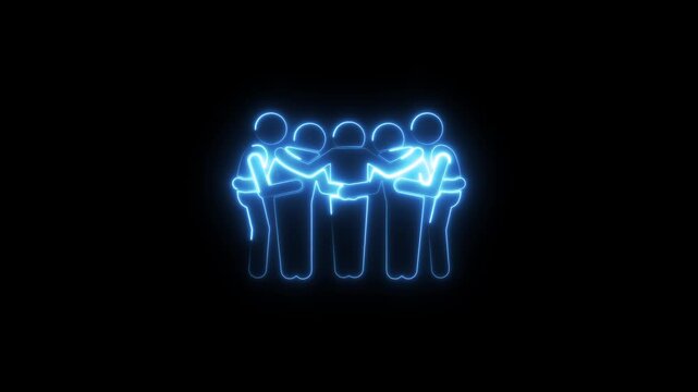 Neon glowing stick figure team huddle animation for corporate collaboration and unity concepts teamwork