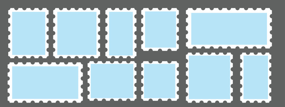 Blue postage stamps set. Post stamp frames and borders. Vector illustration set.