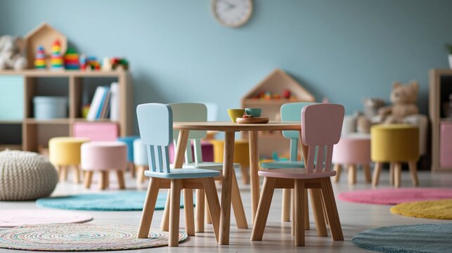 Cozy Children's Playroom with Small Wooden Table and Chairs in Pastel Colors