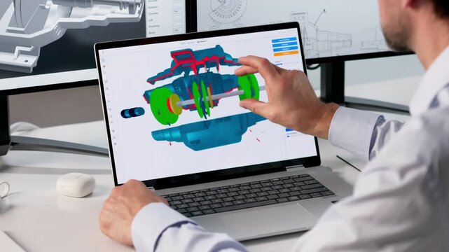 Experienced Engineer Using Laptop To Design Turbine Model