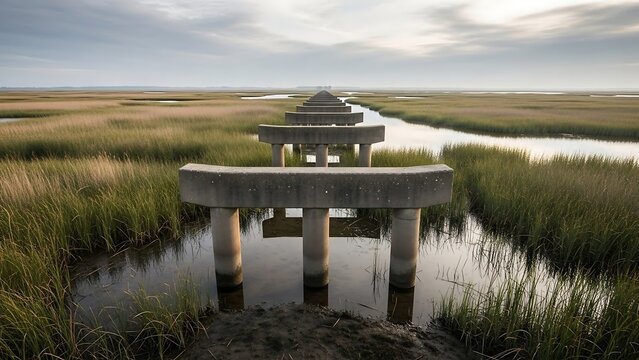 Serene marshland gazebo with reflective waters.