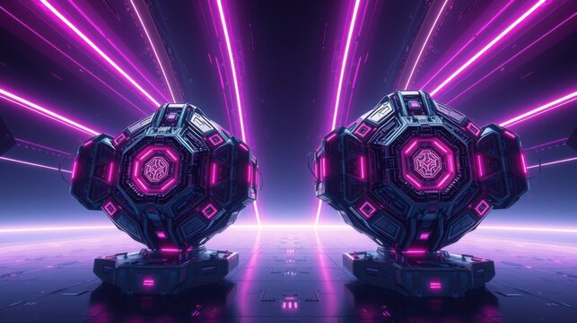 Futuristic scene. Two glowing octahedron structures stand on platform. Bright pink lines converge toward vanishing point. Dark background enhances neon effect.