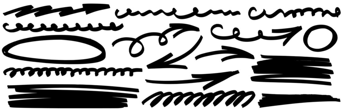 Hand drawn pencil and pen sketch. Marker highlight, arrow, underline and line set. Drawn marker arrows, highlights and underlines sketch by hand.