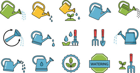Watering Can and Gardening Tool Vector Icon Set on White Background © Afjal12