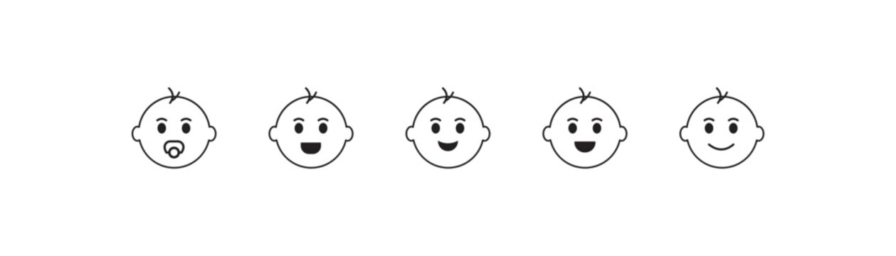baby face emotion icon Black line art vector logo set Editable stroke. newborn facial expressions and emotions for parenting apps. vector illustration.
