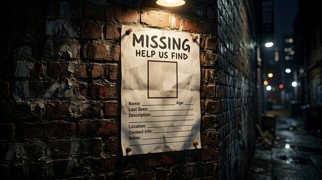 Missing person poster on a brick wall at night