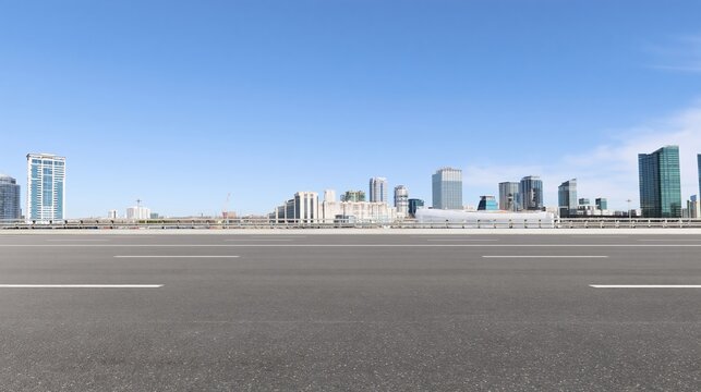 Modern City Skyline with Clear Blue Sky Over a Wide Asphalt Road