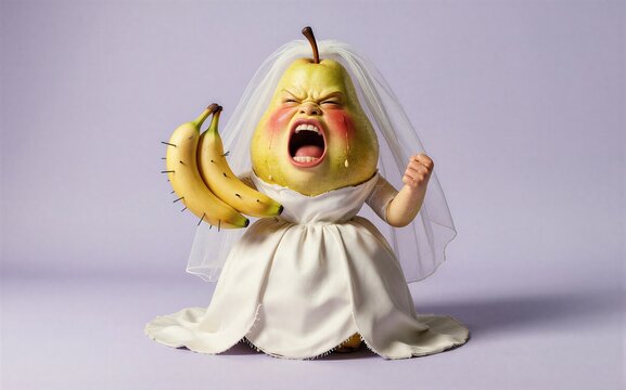 A pear in a wedding dress screams holding bananas with angry