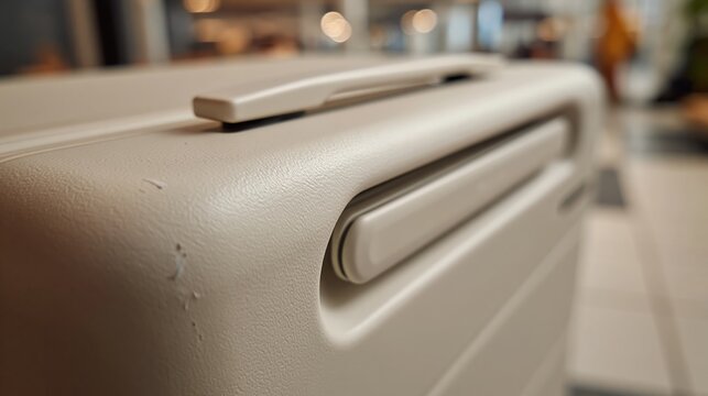 Close-up of a beige hard-shell suitcase with a retractable handle and textured surface