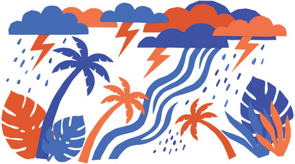 Dynamic tropical storm illustration depicting intense weather with heavy rainfall, striking lightning, bending palm trees, and turbulent clouds, rendered in a vibrant flat vector art style © Pronob Kumar Ray