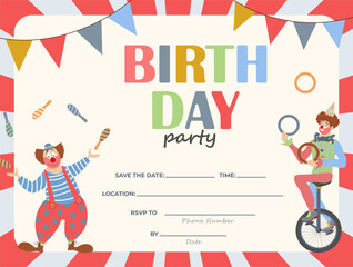 Funny clowns entertain with juggling and unicycle riding in this lively vector illustration designed for a childs birthday announcement. © Elena