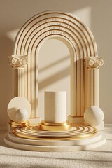 Fototapeta premium Elegant Classical Archway Pedestal with Geometric Forms and Golden Accents for Product Display