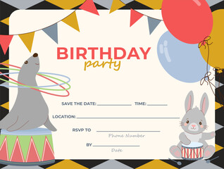 Funny clowns entertain with juggling and unicycle riding in this lively vector illustration designed for a child s birthday announcement. © Elena