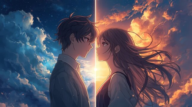 Couple facing each other in profile.