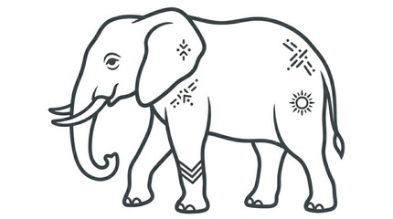 Fototapeta premium Stylized Black and White Elephant Line Art With Cultural Patterns