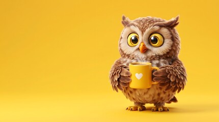 Obraz premium Cute 3D Cartoon Owl Holding Yellow Coffee Mug with Heart on Yellow Background Funny Animal Character