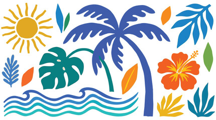 Vibrant tropical foliage, ocean waves, and a radiant sun illustration, perfect for summer themes and travel designs © Pronob Kumar Ray