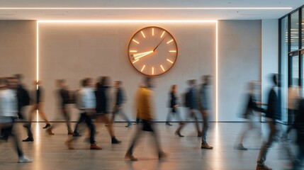 Plakat Blurry crowd of diverse people walking past a large illuminated clock in a modern office hallway during the workday