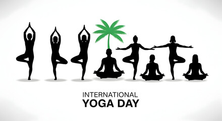 Obraz premium International yoga day celebration with various yoga poses under a palm tree