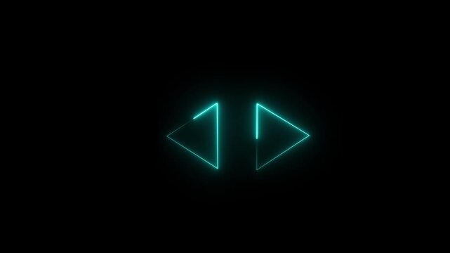 Abstract rendering glowing blue purple neon symbol of double fast forward right triangle arrows with glowing outlines with rays on black background And motion graphic.