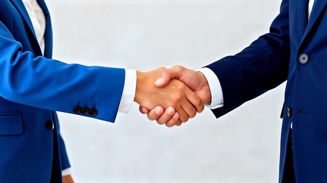 Two people in blue suits shaking hands