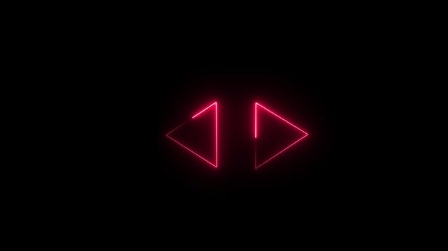 Abstract rendering glowing blue purple neon symbol of double fast forward right triangle arrows with glowing outlines with rays on black background And motion graphic.