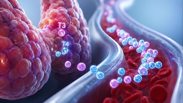 T3 and T4 hormone molecule release illustrating movement through blood vessels with detailed cellular structure and red blood cells in medical concept showing thyroid hormone secretion process