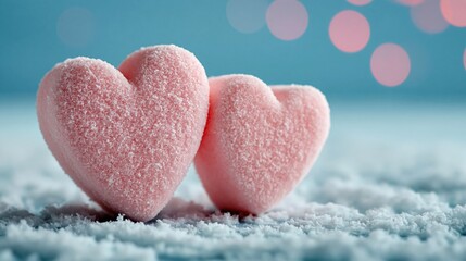 Fototapeta premium Two Sweet Pink Heart Shaped Candies Resting in Soft Snow with Bokeh Lights